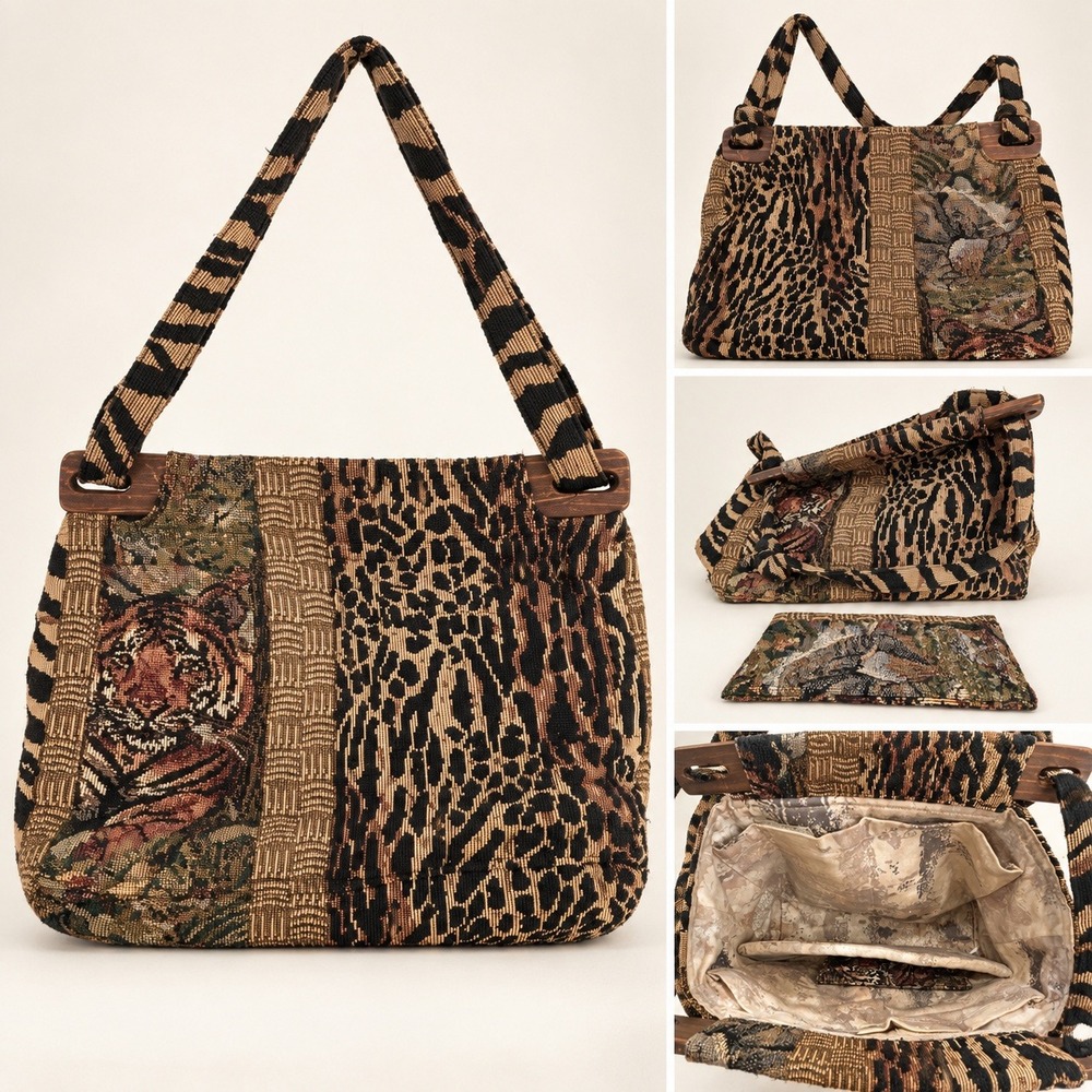 Tiger Leopard Zebra Tapestry Shoulder Bag Wood Handles with Matching Pouch